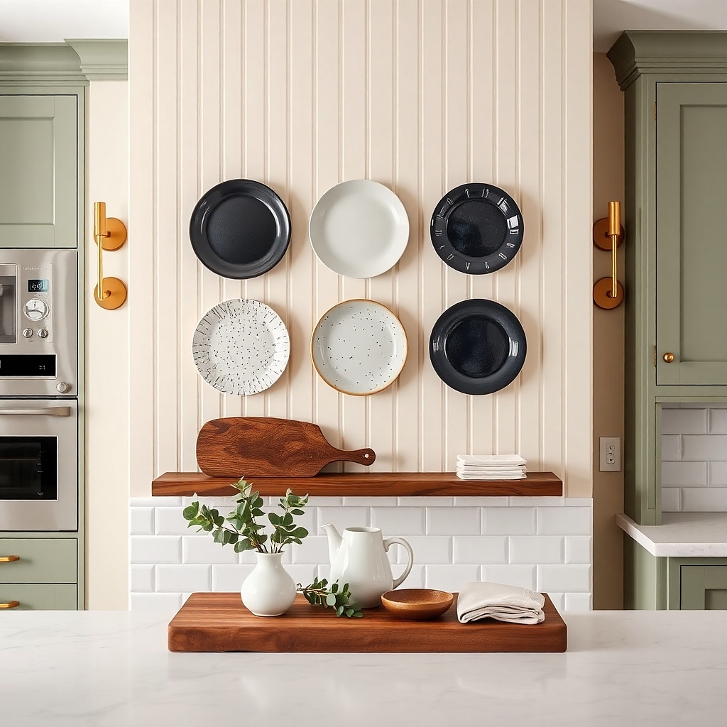 Three decorative plates arranged on an adhesive rail system