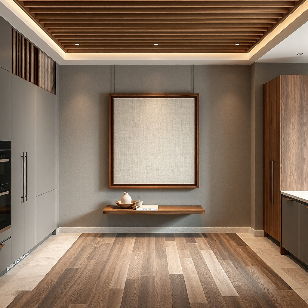 Large framed linen fabric panel hung on a kitchen wall