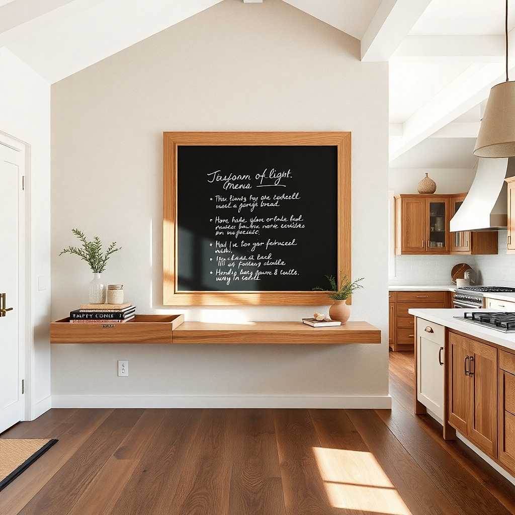 Small framed chalkboard panel with neat border on a kitchen wall
