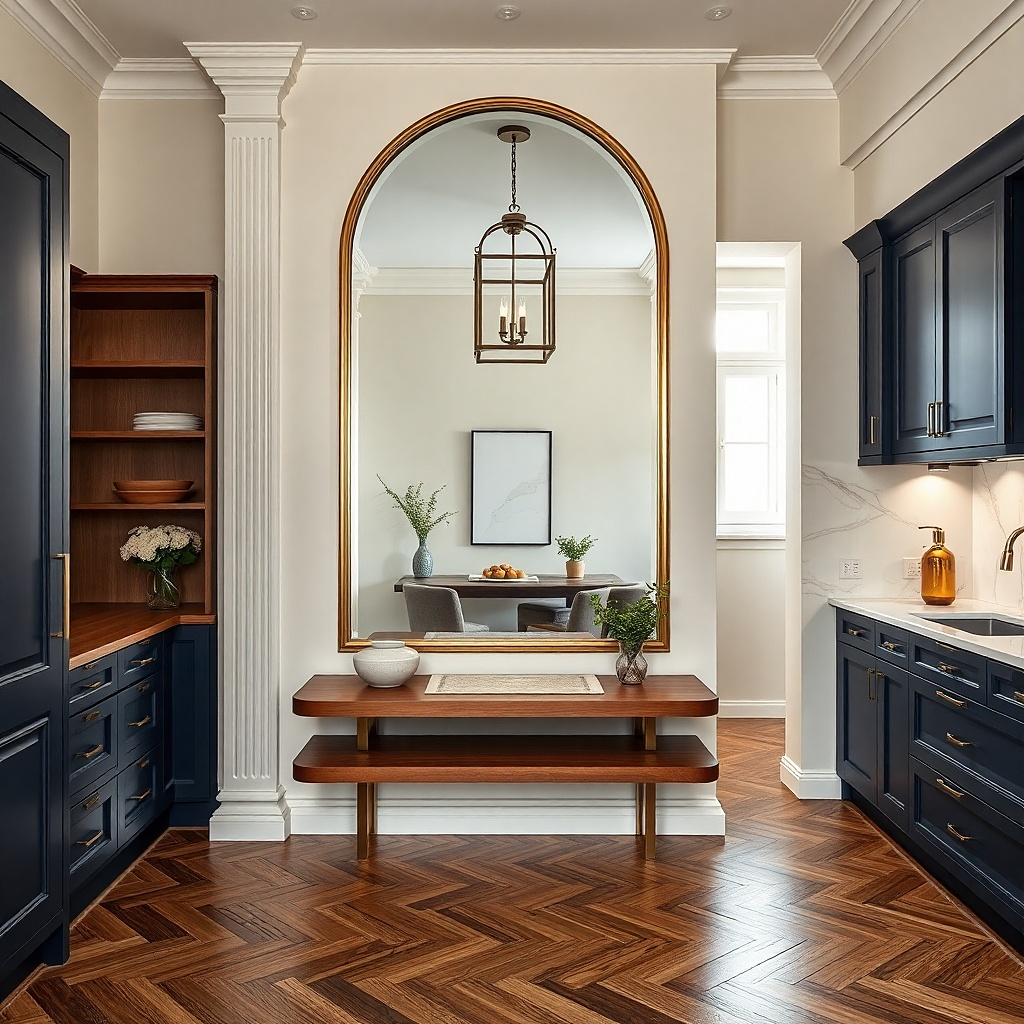 Framed mirror reflecting a dining area on a kitchen wall