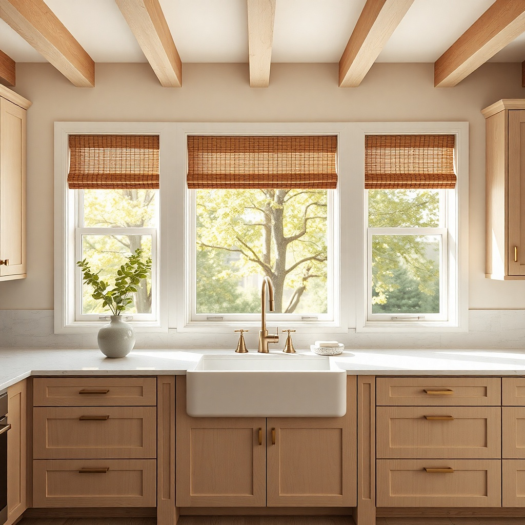 Warm natural woven wood-look shades with angled slats over a kitchen window