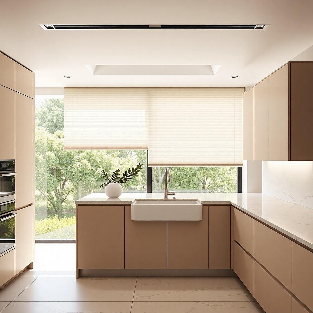Soft white cordless top-down cellular blinds in a kitchen window