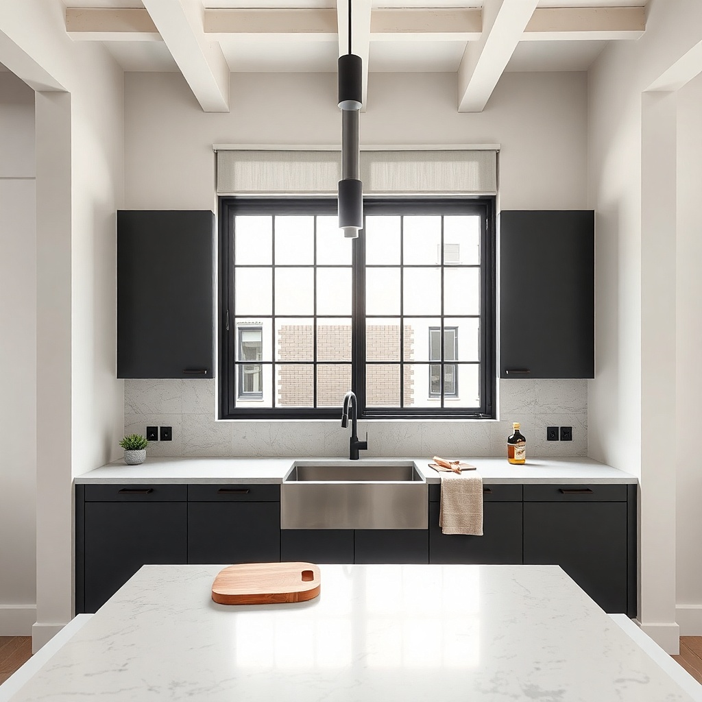 Two-layer sheer and privacy panels with magnetic edges on a kitchen window