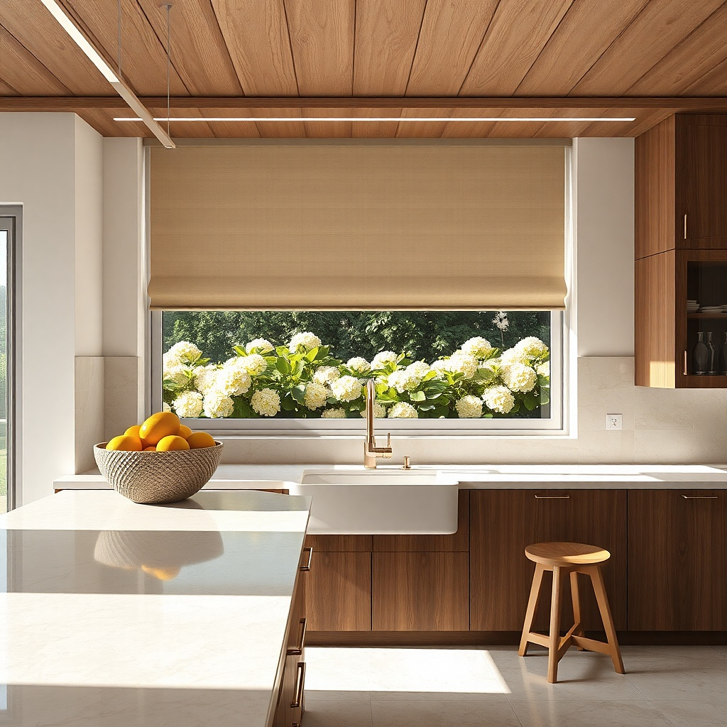 Warm greige roller shade with blackout back on a kitchen window