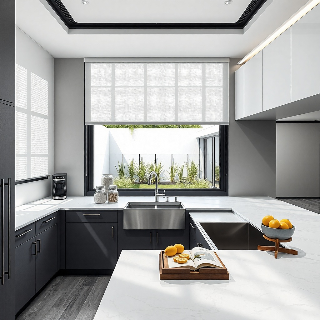 Blackout roller shade with a sheer fabric band above the window