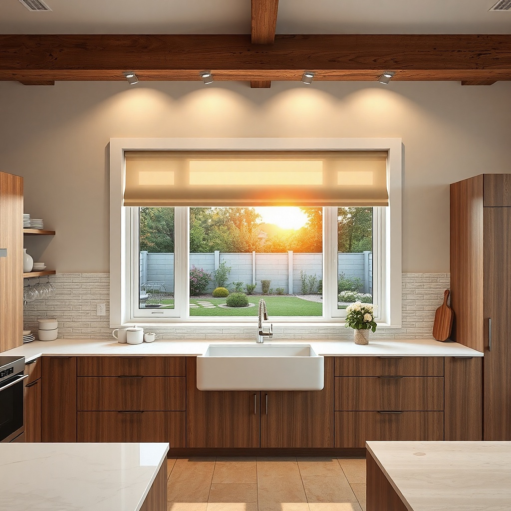 Matte white perforated blinds with small holes over a kitchen window