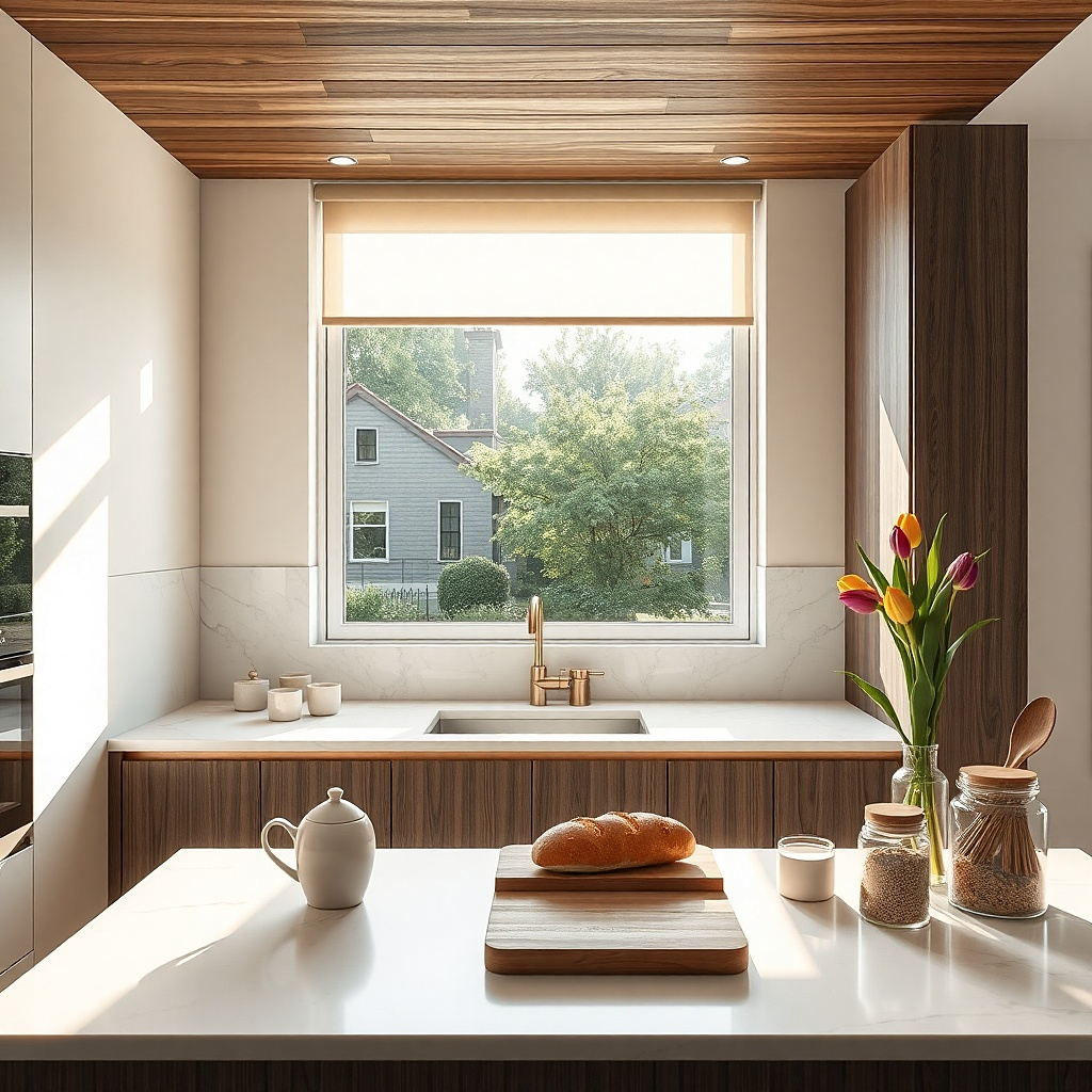 Kitchen window with tinted privacy film and a removable roller blind below
