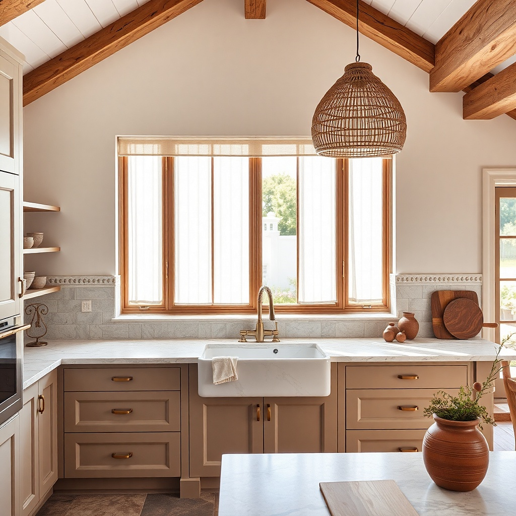 Linen-look vertical sheer panels pulled to one side over a wide kitchen window