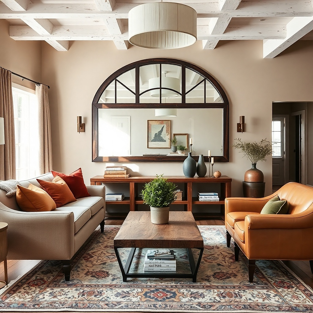 Large mirror with a dark walnut wood-look frame above a sofa