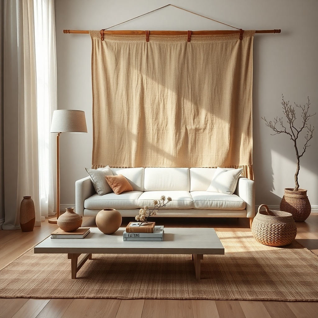 Cream linen and jute woven wall textile hung on a rod