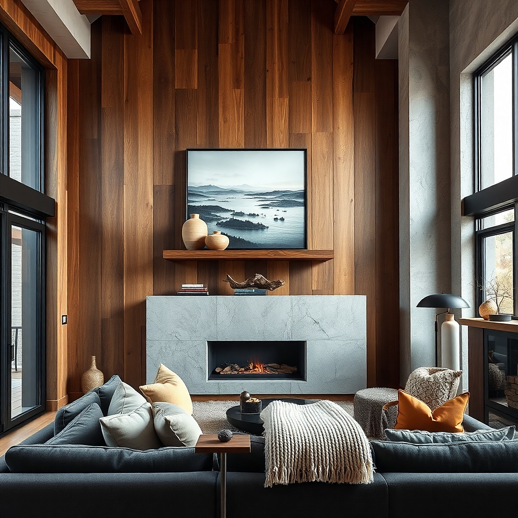 Wide panel of reclaimed-looking wood planks on a living room wall