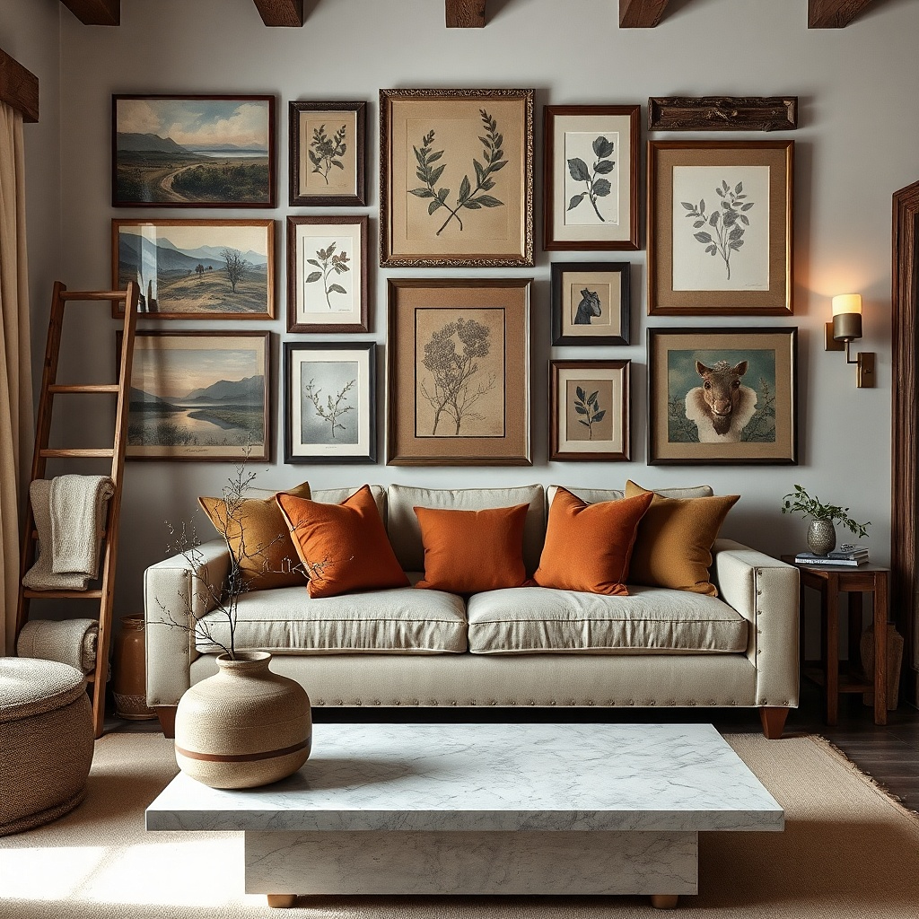 Cluster of framed prints in walnut and black above a sofa