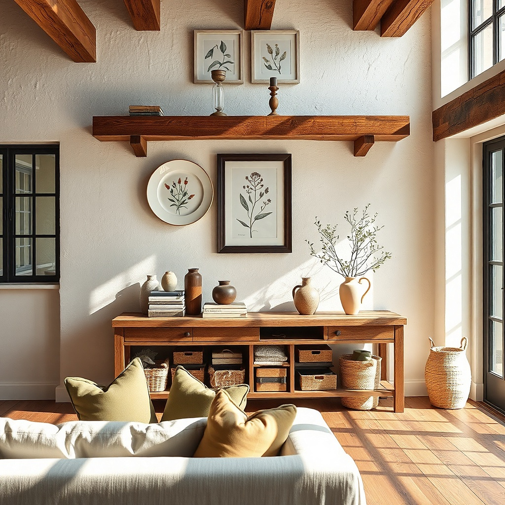 Row of framed botanical plates on a wall with warm wood tones