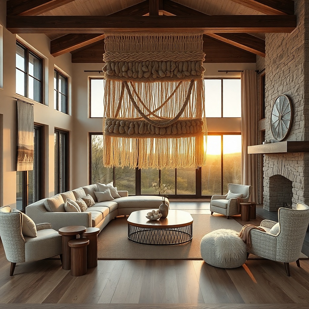 Neutral macrame wall hanging with fringe above a sofa