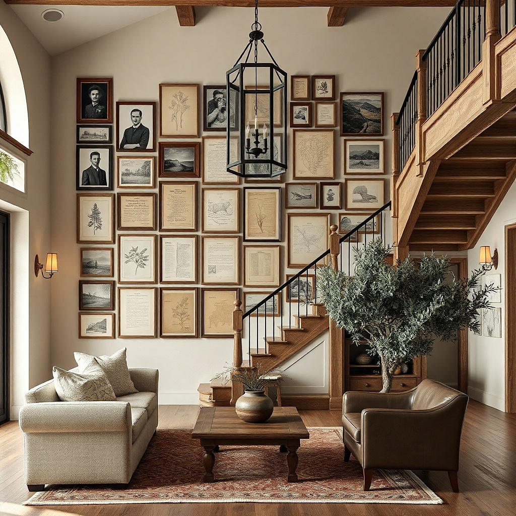 Distressed frames holding black and white photos on a living room wall