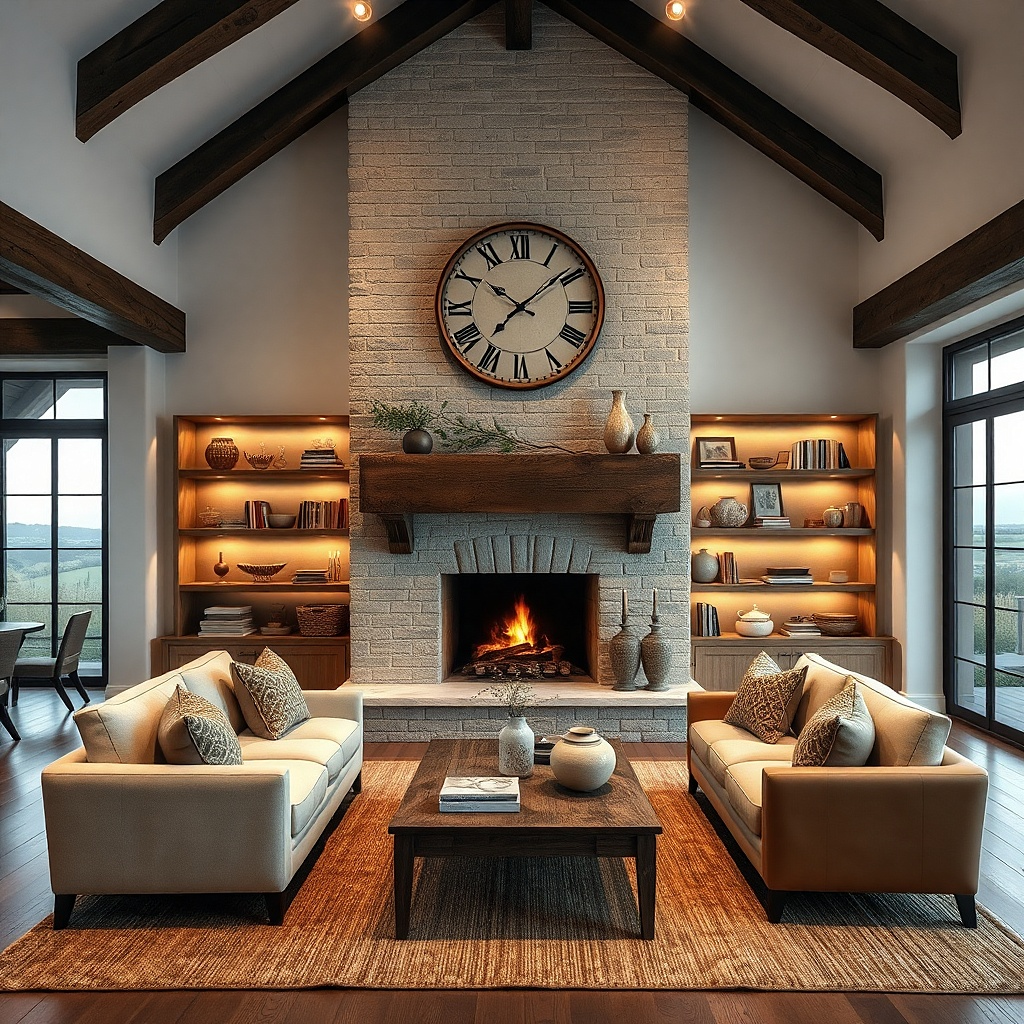 Large wall clock with reclaimed wood backing on a living room wall