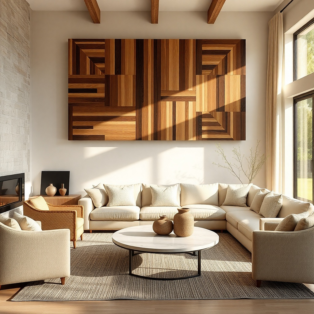 Rectangular wood slat wall panel with warm gray-brown tones