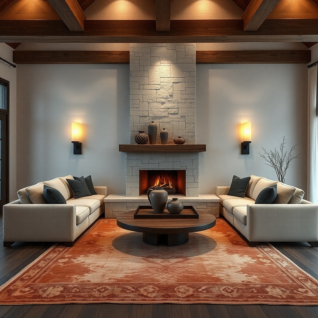 Two matte black sconces with wood accents on a living room wall
