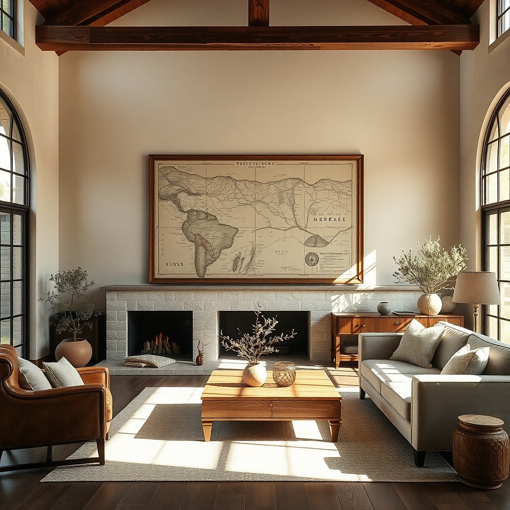 Large framed linen-style map print in warm wood frame