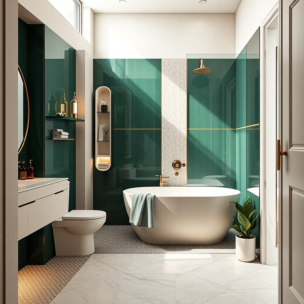 Small bathroom corner freestanding tub with clear glass panels and a narrow vanity