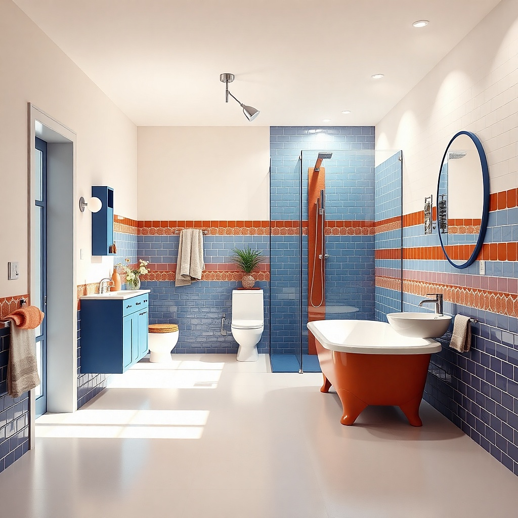 Freestanding tub on long wall with a full-height tiled shower wall behind it