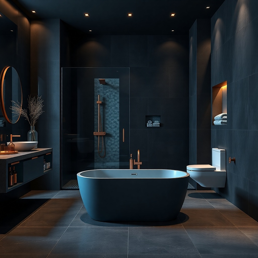 Tub placed in front of a recessed shower area with a glass door