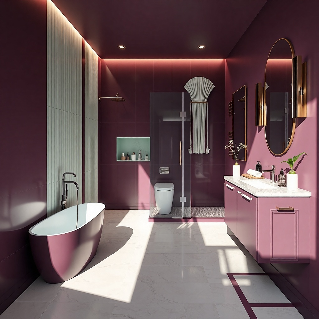 Slim freestanding tub next to an end wall with a pivot glass shower panel