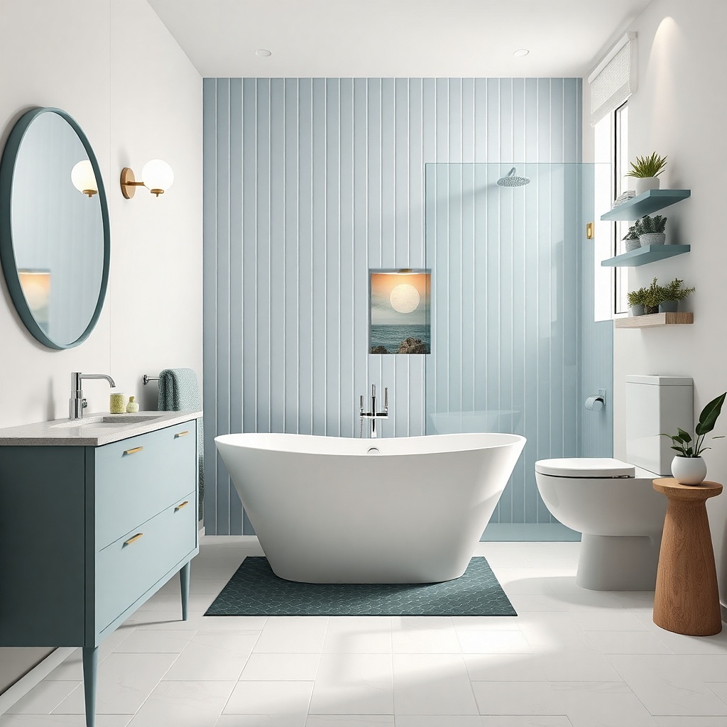Centered freestanding tub with a slim glass shower strip and floating vanity