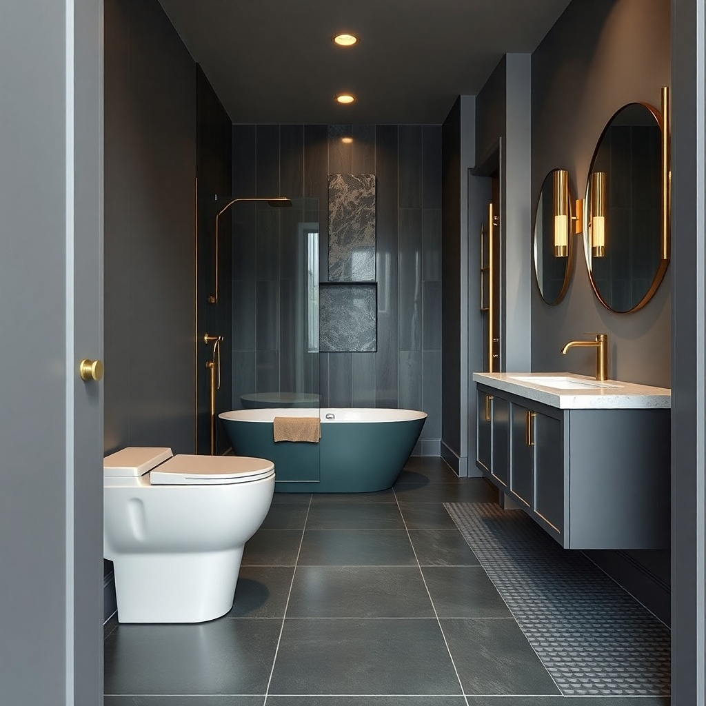 Freestanding tub behind the door with a hinged glass divider and toilet in front