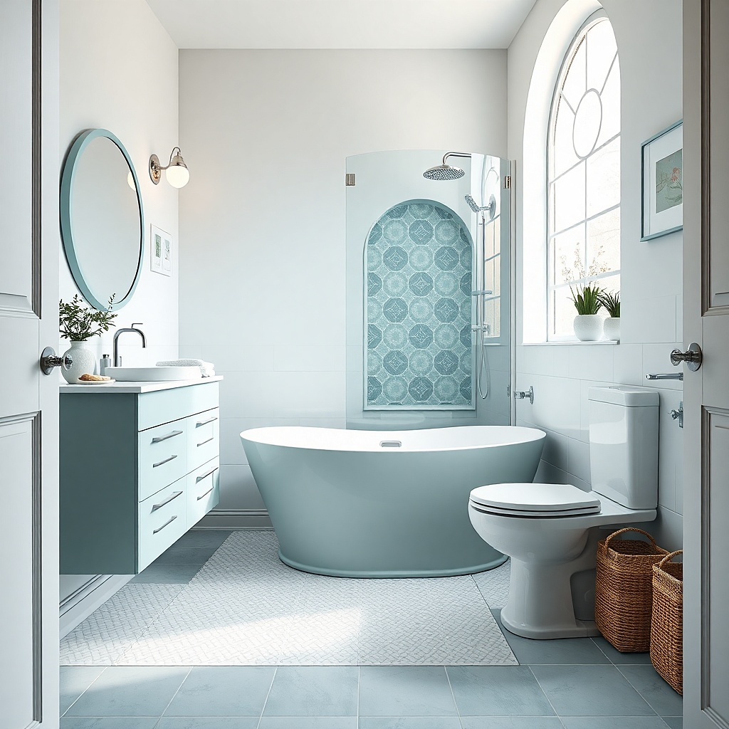 Small freestanding tub under a window with a glass splash barrier