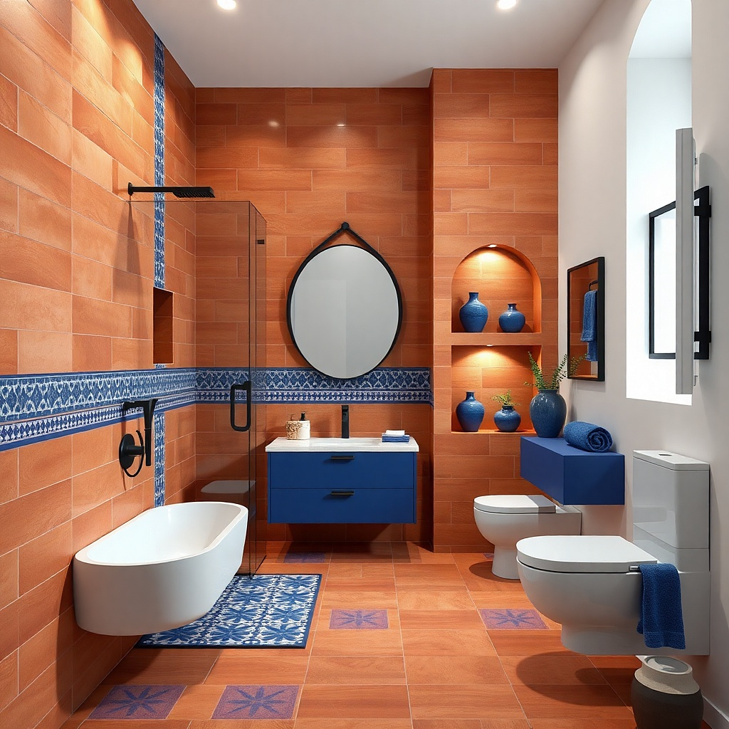 Freestanding tub opposite a tiled shower surround with towel storage on the side wall