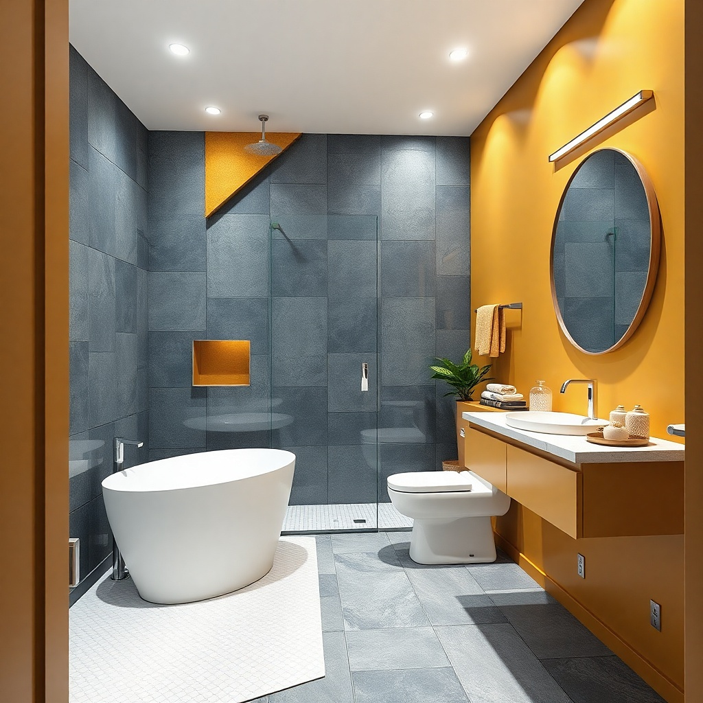 Freestanding tub angled diagonally with a hex-tile shower zone and a side glass panel