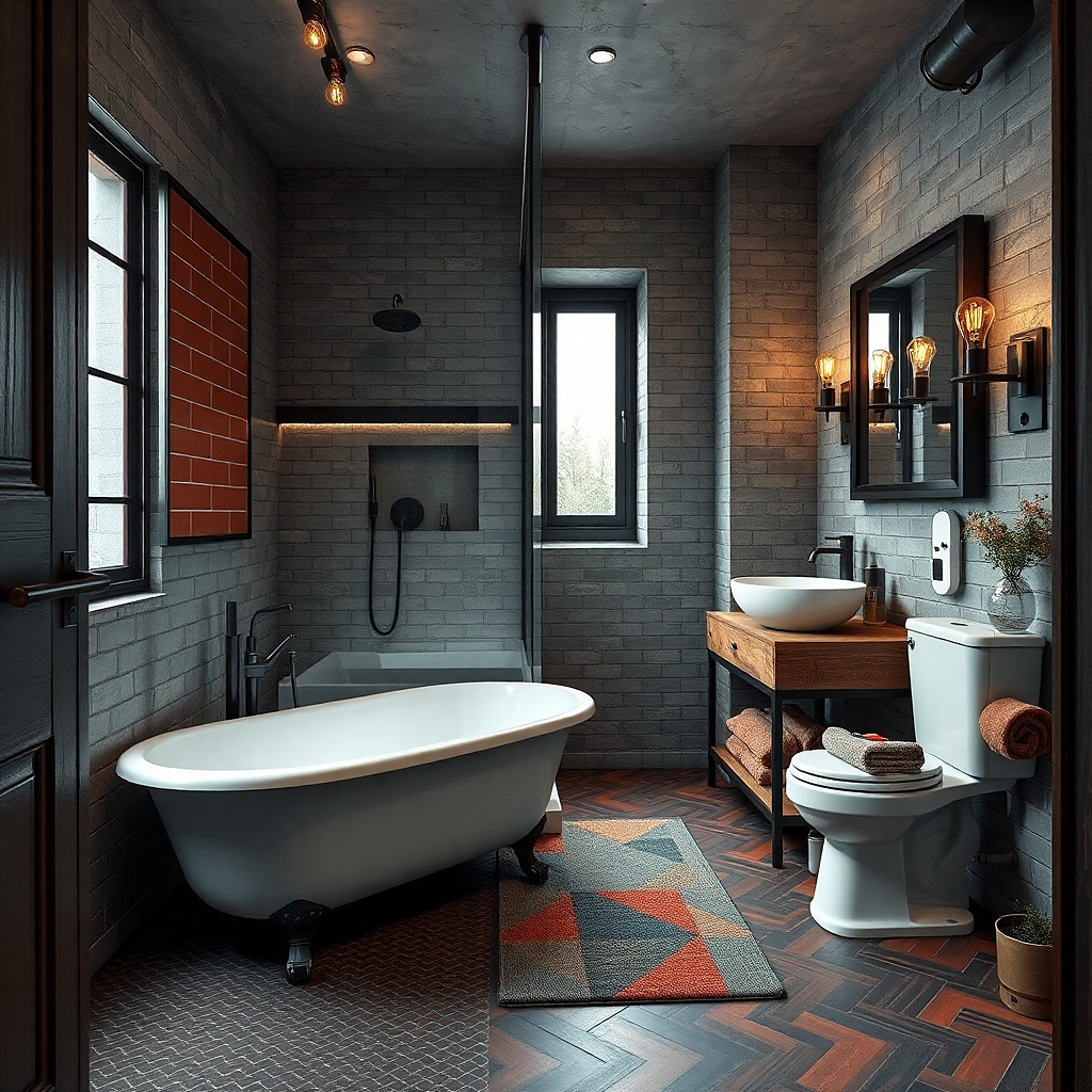 Compact clawfoot-style tub with matte black rail and clear hinged glass shower panel