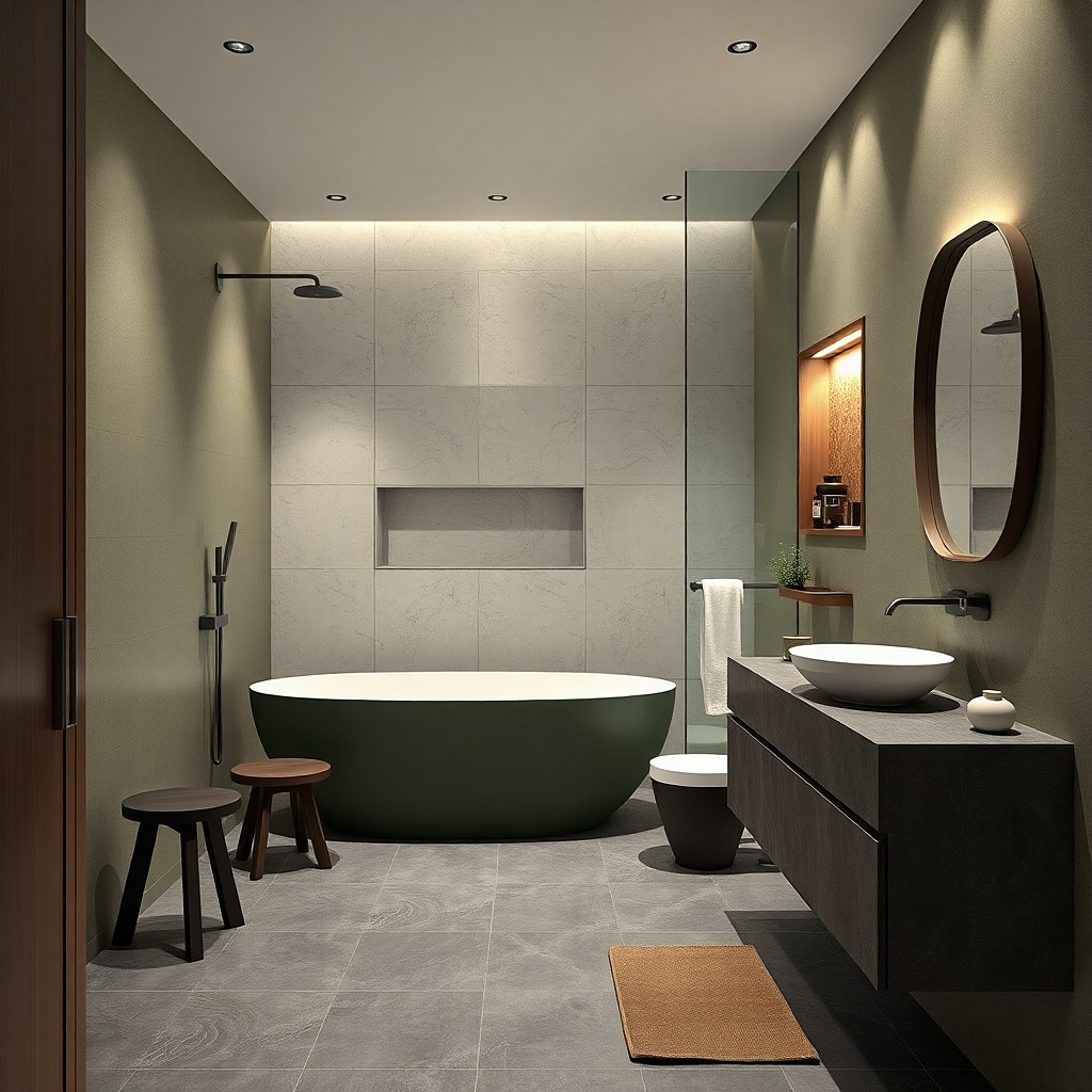 Freestanding tub with a tiled wet-room pocket and sliding glass door