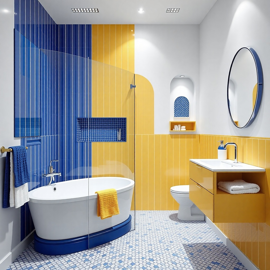 Freestanding tub next to a shower half wall with a fixed glass panel