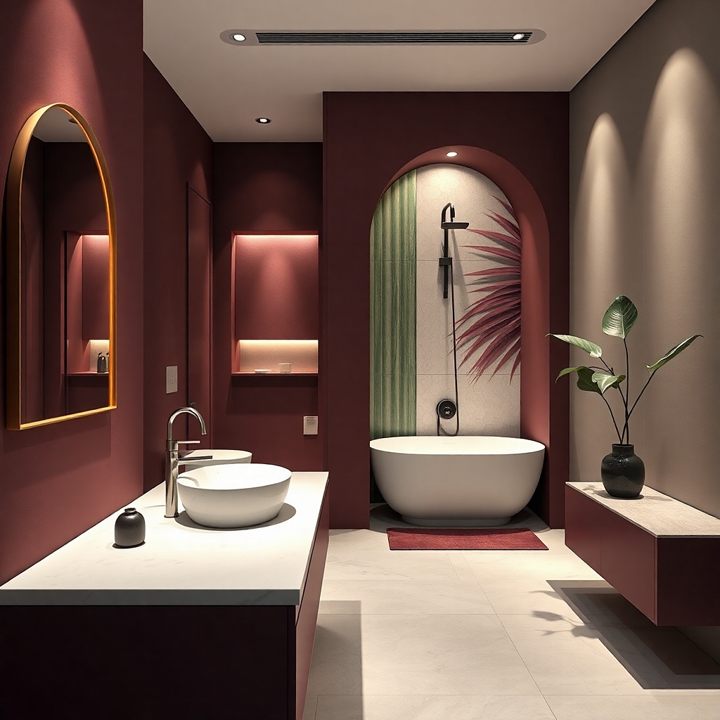 Long mirror above sink with tub in sightline and boxed shower alcove