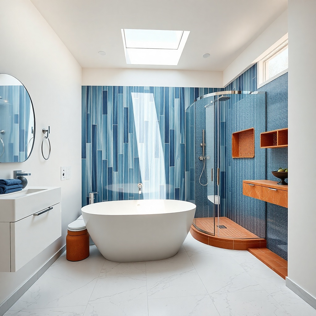 Freestanding tub centered with vertical tile shower zone and clear panel