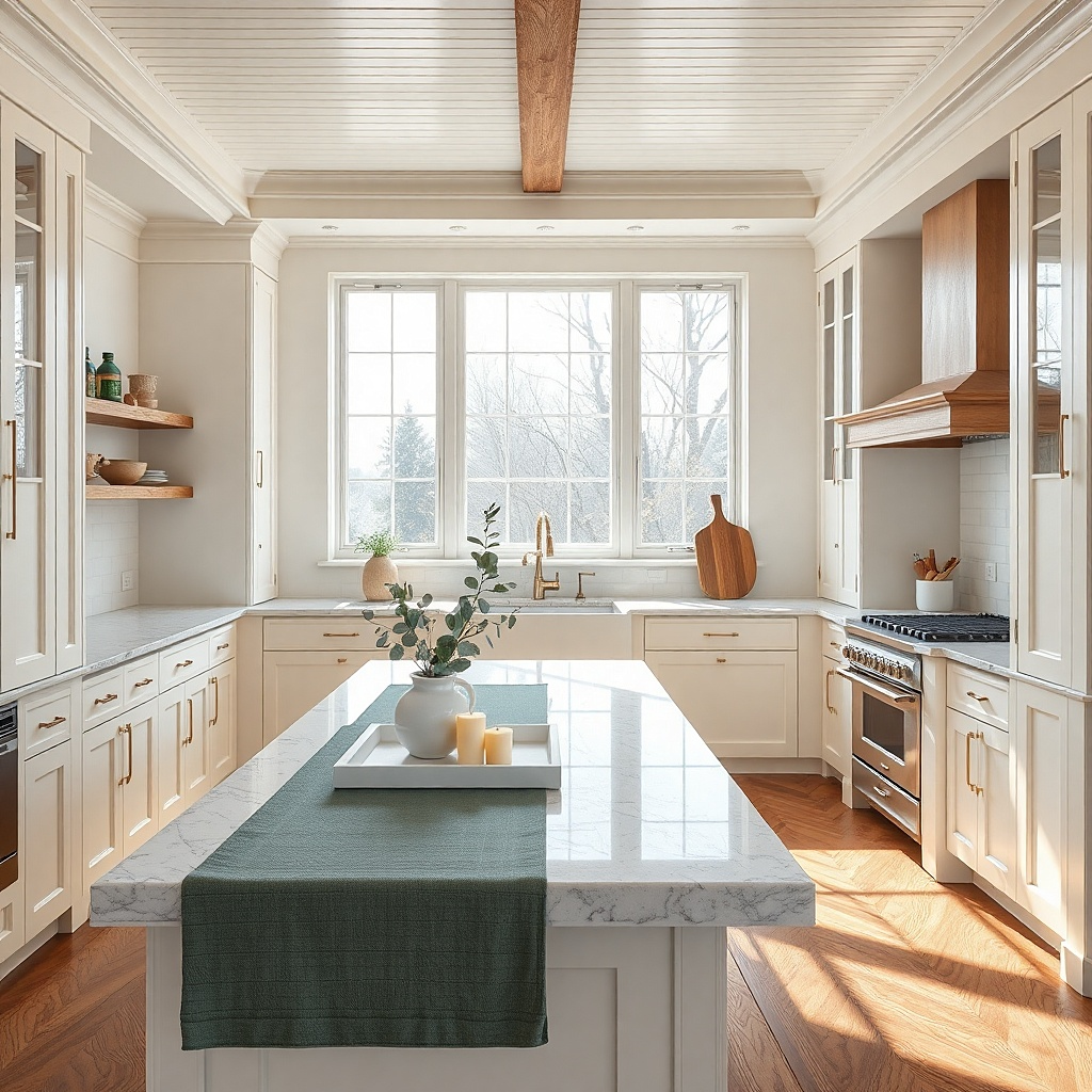 A long sage-green linen runner placed down the center of a U-shaped kitchen counter. On the runner sits a white ceramic tray holding a short bundle of eucalyptus stems in a clear glass vase, with two small matte white pillar candles on either side.