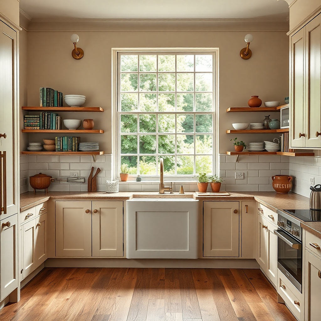Two narrow wall shelves inside the U-shaped area. The bottom shelf has a row of pine-green hardback cookbooks standing upright. The top shelf shows a small brass tray with a ceramic bowl, plus a framed botanical print in muted green and cream.