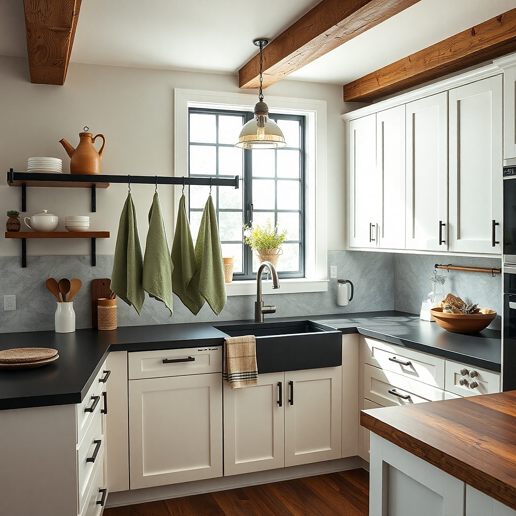 A matte black pot rail mounted under the upper cabinets along one side of the U. Several evergreen tea towels hang from hooks, alternating deep forest and muted sage. A small enamel mug rack holds two mugs and one small plant pot.