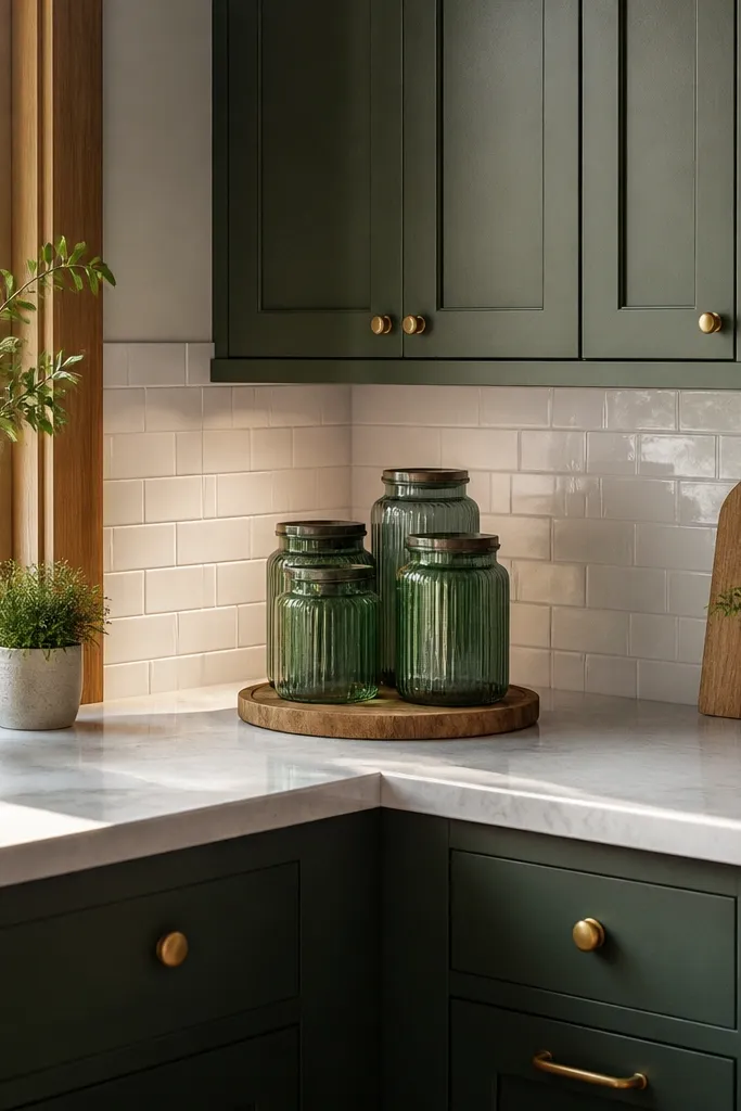 Three green-tinted glass jars grouped on a counter corner. One medium jar holds wooden spoons, another holds cork-topped utensils, and a third holds dried herbs. Beside them sits a single light oak cutting board with a small sprig arrangement in a tiny vase.