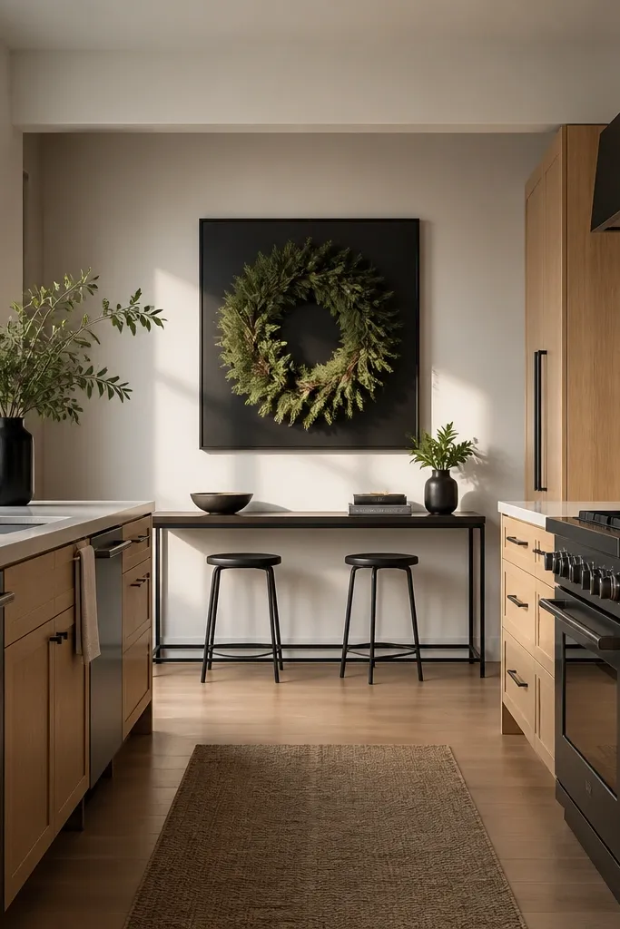 On the far wall at the end of the U, a matte black framed wreath hangs centered. The wreath uses mixed evergreen greens with small pine cones and a single cream ribbon bow. The wall is otherwise bare except for a small shelf with one framed botanical print under the wreath.