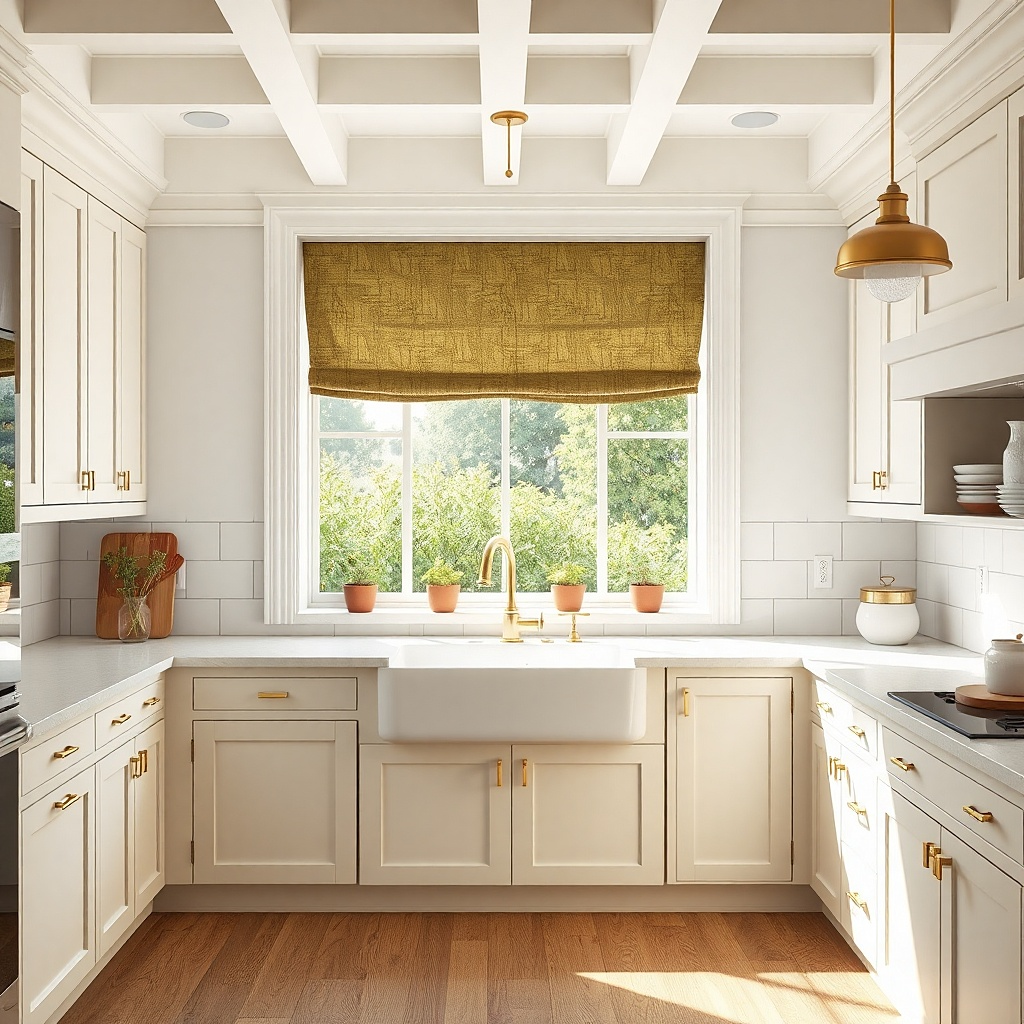 A small window above the sink has a short linen curtain panel in deep olive. The panel is gathered at the top with a simple rod. Below it, a small evergreen plant in a ceramic pot sits on the sill, and the sink area is otherwise clear.