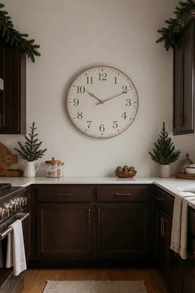 A chalky white wall clock mounted on a wall inside the U-shaped kitchen. The clock face has muted green numerals and thin green hands. Below it, a small ledge holds one ceramic dish and a tiny evergreen sprig.