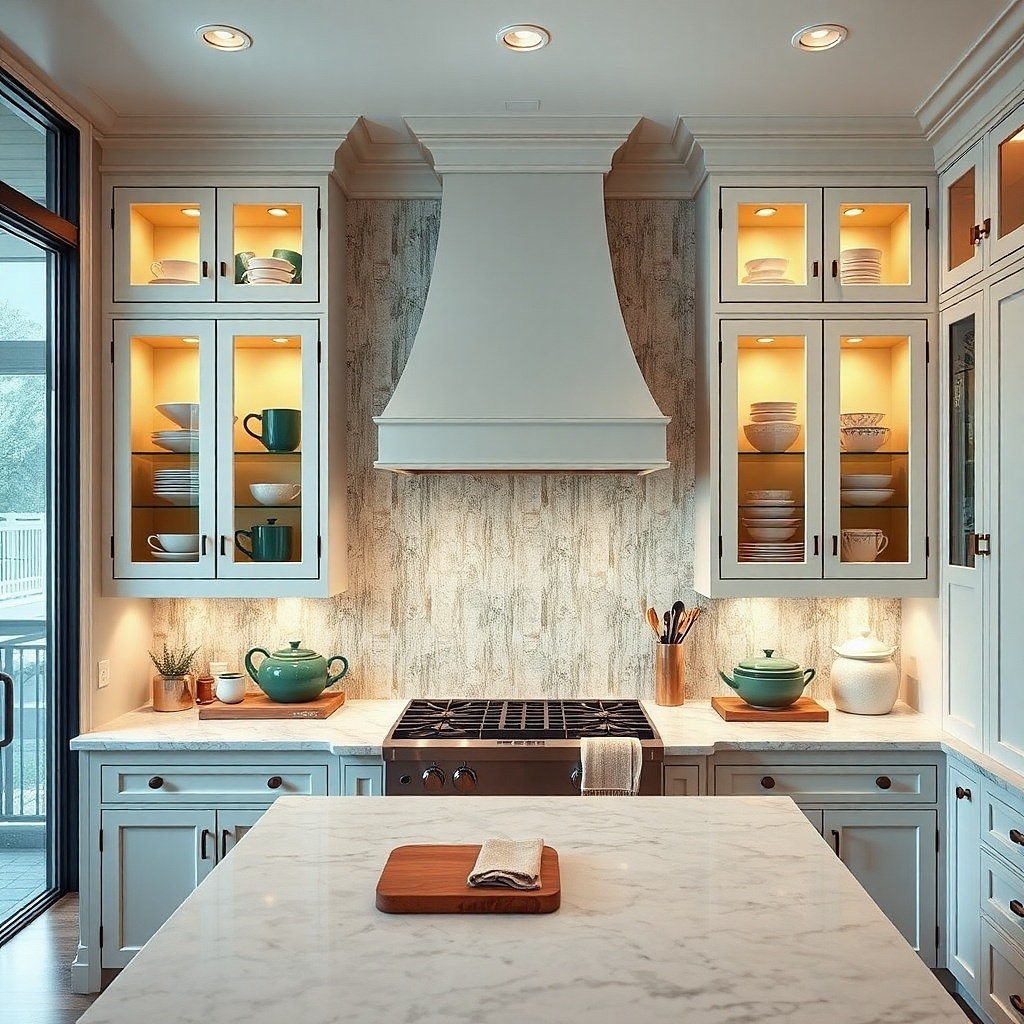 A glass-front upper cabinet with dishes arranged behind it. Visible items include deep green mugs, white plates, and a few stackable bowls. A small evergreen garland is tucked along the inside top edge of the cabinet.