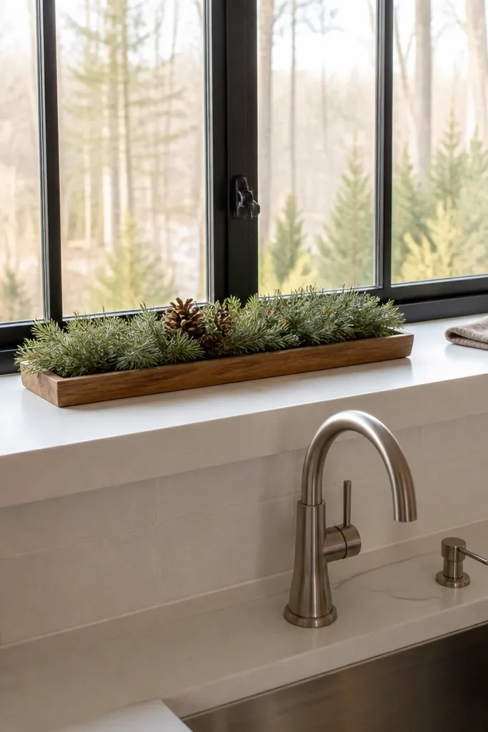A wooden window sill tray filled with faux pine tips and a few pinecones. A small glass cloche sits on one side with a single cream candle inside. The tray is centered under the window in the U-shaped kitchen.