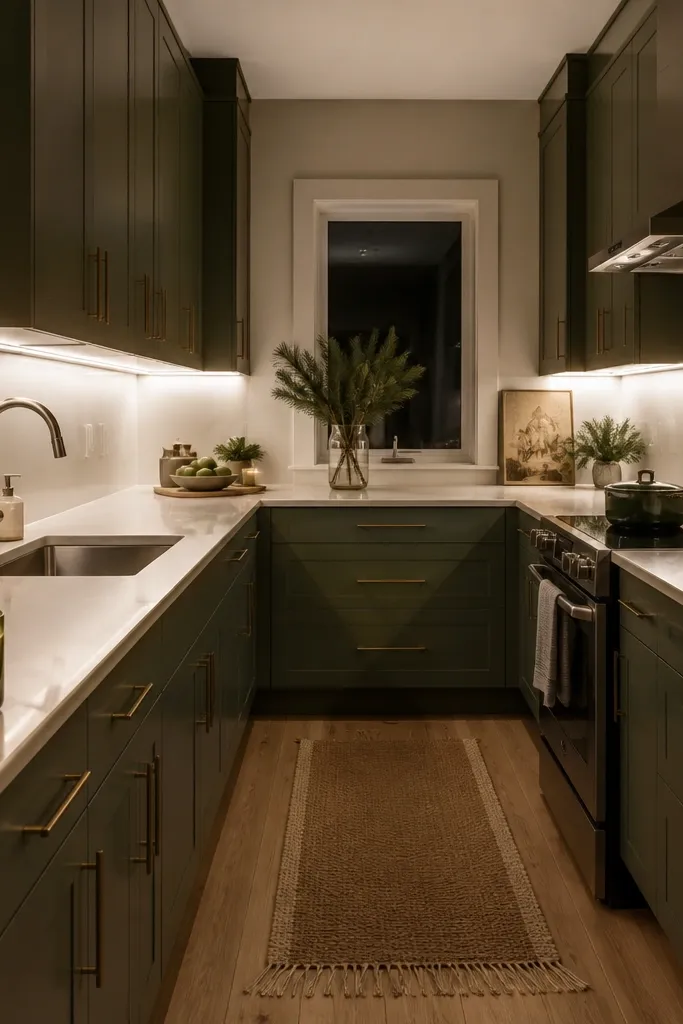 Warm white under-cabinet LED strips illuminate the countertop. The U-shaped kitchen has a small green cutting board propped near the backsplash and a glowing jar candle on the counter. The cabinet faces are light, and the lighting makes the counter edges look brighter.