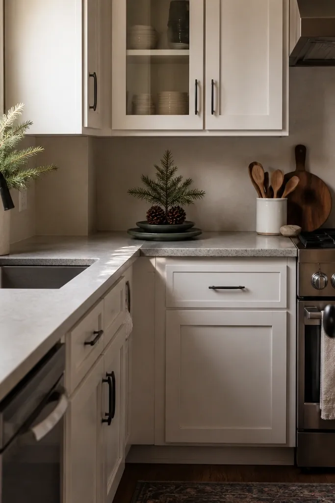 A narrow corner of the counter holds a stack of two round trivets in sage and deep forest. A small ceramic spoon rest sits next to them. Behind the corner, a small wall hook holds a folded towel.