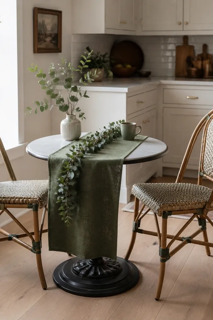 A small bistro table tucked inside the U-shaped area with two chairs. A narrow evergreen runner in textured green fabric runs down the center of the table. A small vase with eucalyptus sits in the middle and two simple place settings rest neatly.