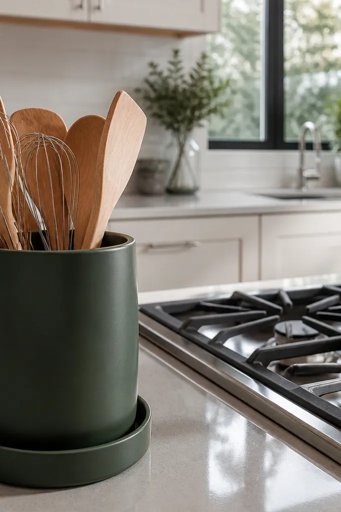 A deep green ceramic utensil crock on the counter with a matching green lid tray underneath. The tray holds a couple of wooden spoons and a small stainless whisk. Two matte white candles sit behind the crock, spaced evenly.